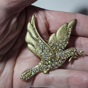 Gold Tone Aurora Borealis Rhinestone Dove Brooch